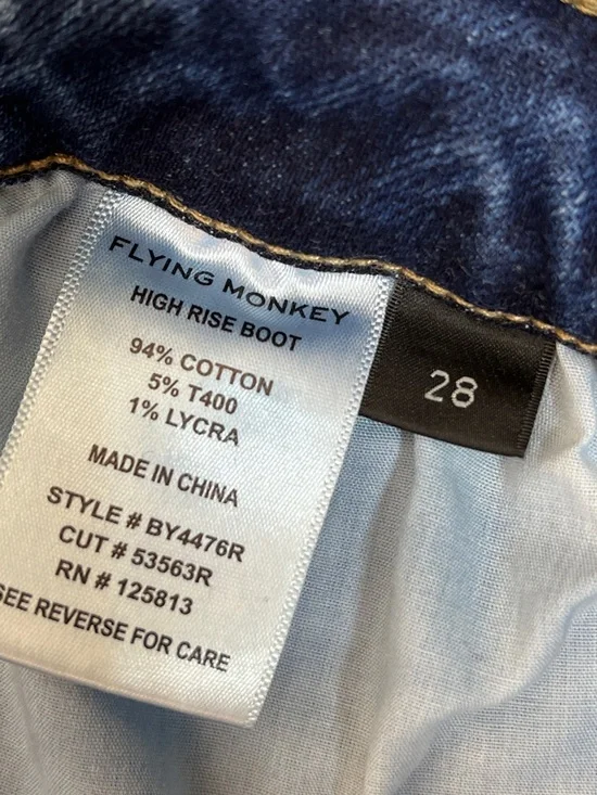 FLYING MONKEY HIGH RISE BOOT CUT DENIM BLUE JEANS RAW HEM DISTRESSED SZ 28 - Picture 13 of 14